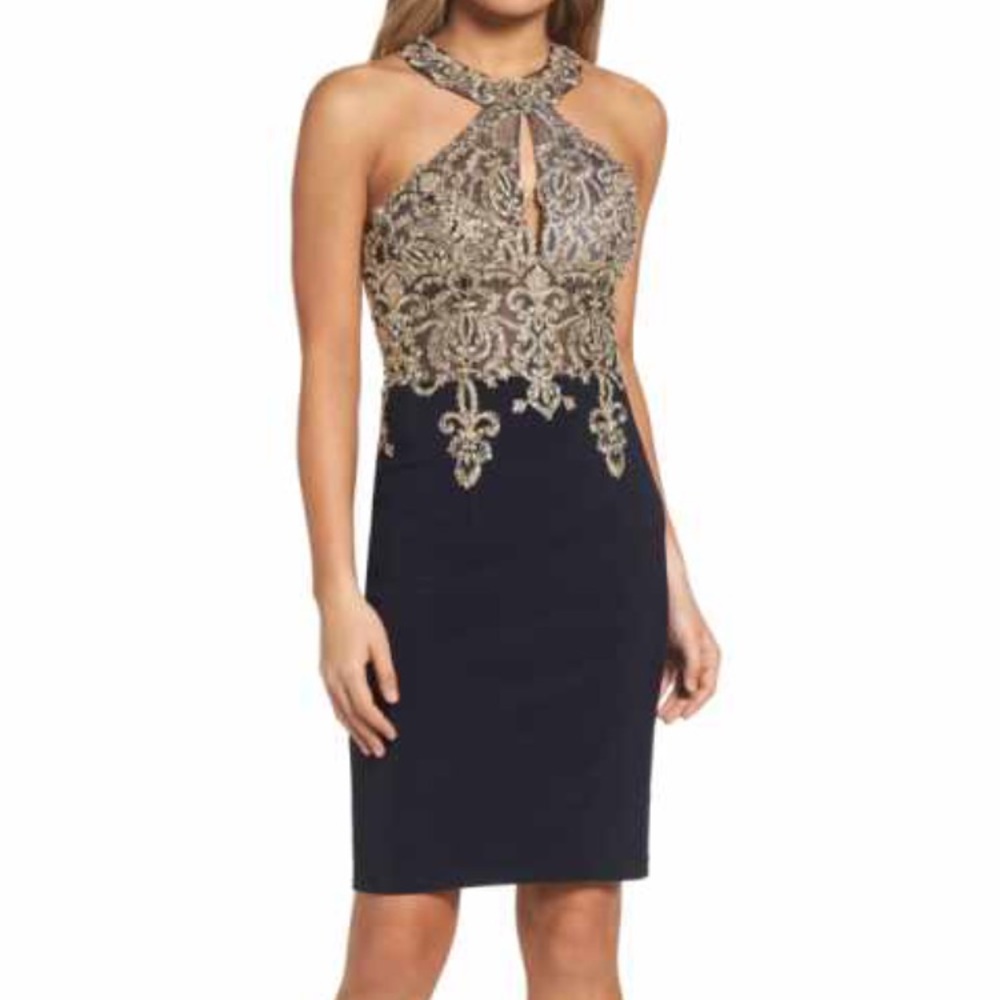 Xscape navy gold dress size 2